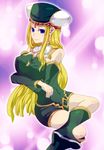  bare_shoulders big_breasts blonde_hair blue_eyes boots breasts detached_sleeves female frei_(valkyrie_profile) freya_(valkyrie_profile) gradient gradient_background hat large_breasts legs_crossed long_hair solo t_(pixiv576521) valkyrie_profile 