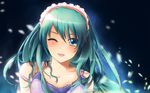  ;d alternate_hairstyle aqua_eyes aqua_hair bare_shoulders collarbone dress dxlsmax_(lizhimin) hair_down hatsune_miku headband long_hair looking_at_viewer one_eye_closed open_mouth petals portrait smile solo vocaloid wallpaper 