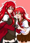  coat garter_belt genderswap glasses green_eyes grell grell_sutcliff hair_clip hair_ornament hairclip hand_holding holding_hands kuroshitsuji red_hair school_uniform simple_background smile 