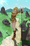  axe blonde_hair boots female final_fantasy final_fantasy_tactics geomancer geomancer_(fft) highres long_hair red_eyes road sky solo trick_(pixiv91098) weapon 