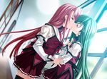  2girls aqua_hair corridor dutch_angle eyes_closed female kiss kissing koisuru_otome_to_shugo_no_tate love pink_hair red_hair school_uniform trap very_long_hair window yuri 