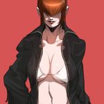  bikini_top breasts cleavage falcoon hair_over_eyes large_breasts lips navel open_clothes open_shirt red_hair shermie shirt solo the_king_of_fighters upper_body 