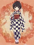  bear_(artist) black_eyes black_hair bow checkered fang hair_bow ikoku_meiro_no_croisee japanese_clothes kimono short_hair solo standing yune_(ikoku_meiro_no_croisee) 