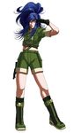  blue_eyes blue_hair boots earrings falcoon gloves highres jewelry leona_heidern lips midriff ponytail salute shorts sleeves_rolled_up solo the_king_of_fighters the_king_of_fighters_2003 