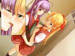  2girls against_wall blonde_hair blush dutch_angle eyes_closed female french_kiss green_eyes hug kino_futaba kiss kissing leg_between_thighs locker locker_room long_hair love multiple_girls open_mouth purple_hair red_eyes sannomiya_yukari_(yunchu) school_uniform shy smile tongue tongue_kiss yunchu_ojousama_ha_go_houshichuu yuri 