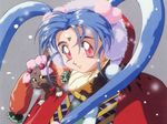  blue_hair christmas japanese_clothes kimono long_hair looking_at_viewer masaki_sasami_jurai pink_eyes ribbon ryo-ohki ryou-ouki simple_background smile snow tenchi_muyo tenchi_muyou! 