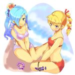  bad_id bad_pixiv_id bikini blonde_hair blue_eyes blue_hair chrono_cross chrono_trigger dual_persona earrings flower full_body green_eyes hair_ornament hair_over_one_eye jewelry kid_(chrono_cross) knife long_hair midriff mitsui_hisashi_(artist) multi-tied_hair multiple_girls necklace ponytail schala_zeal sitting swimsuit 