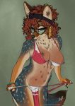  anthro bow breasts canid canine canis chest_tuft claws clothed clothing coyote eyelashes eyewear facial_piercing female glasses hair inner_ear_fluff looking_at_viewer mammal midriff multi_nipple navel navel_piercing nipple_piercing nipples partially_clothed piercing red_hair simple_background solo standing teal_eyes tuft whiskers xolkuikani 