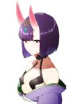 1girl bangs bare_shoulders bob_cut collarbone eyebrows_visible_through_hair fate/grand_order fate_(series) horns japanese_clothes jewelry kimono off_shoulder oni oni_horns purple_hair shiromako short_hair shuten_douji_(fate/grand_order) simple_background solo thick_eyebrows upper_body white_background 