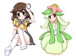  blush brown_eyes brown_hair footwear gijinka green_hair lass_(pokemon) lilligant nintendo npc npc_trainer omochi_(chirori01) personification poke_ball pokemon pokemon_(game) pokemon_black_and_white pokemon_bw red_eyes sitting skirt smile socks 