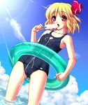  blonde_hair bow cloud collarbone day dripping dutch_angle hair_bow innertube lens_flare licking looking_at_viewer nonbei one-piece_swimsuit open_mouth red_eyes rumia school_swimsuit sexually_suggestive short_hair sky solo standing swimsuit tongue touhou wading water 