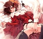  blush breasts fingering garter_belt juni_argiano littlewitch littlewitch_quartett lying nipples on_back ooyari_ashito open_clothes open_mouth open_shirt oyari_ashito quartett! shirotsume_souwa shirt thighhighs 