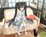  alternate_hair_color aqua_eyes aqua_hair black_hair cat couch detached_sleeves digital_media_player hatsune_miku headphones highres long_hair necktie norita sitting solo thighhighs twintails vocaloid white_legwear 