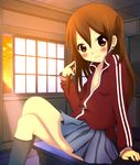  aki_(akkiaki222) brown_eyes brown_hair crossed_legs extra jacket k-on! long_hair side_ponytail sitting solo taki_eri track_jacket 