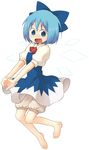  barefoot blue_dress blue_eyes blue_hair cirno dress fairy open_mouth ribbon solo touhou wings 