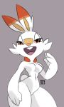  anthro breasts buckteeth featureless_breasts fur lagomorph looking_at_viewer mammal nintendo open_mouth orange_eyes pok&eacute;mon pok&eacute;mon_(species) rabbit scorbunny simple_background teeth video_games white_fur wide_hips xylas 