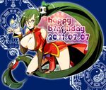 ba_gua bare_shoulders blazblue blazblue_insignia breasts china_dress chinese_clothes cleavage cleavage_cutout detached_sleeves dress glasses green_hair happy_birthday huge_breasts lao_jiu litchi_faye_ling long_hair official_art ponytail red_eyes side_slit trigram very_long_hair 