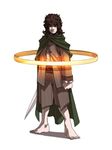  barefoot brown_hair cape curly_hair falcoon frodo_baggins hobbit lord_of_the_rings male_focus solo sting_(sword) sword weapon 