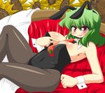  akasode_(tyaramu) animal_costume bare_shoulders between_breasts blush breasts bunny_girl bunnysuit carrot cleavage couch flower green_hair kazami_yuuka large_breasts pantyhose red_eyes sexually_suggestive short_hair sitting solo sunflower tongue touhou 