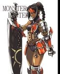  armor black_hair braid capcom chains dark_skin kuroobi monster_hunter red_eyes sword weapon 
