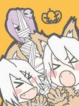  &gt;_&lt; animal_ears bleach bleach:_zanpakutou_ibun_hen cosplay eyes_closed halloween katen_kyokotsu mummy pixiv_thumbnail pumpkin purple_hair resized sougyo_no_kotowari white_hair yothico zanpakuto_spirit zanpakutou_(spirit) 