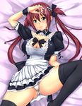  airi_(queen's_blade) aqua_eyes black_legwear blush breasts cleavage cum cum_on_body cum_on_upper_body frills large_breasts long_hair lying maid maid_headdress mikemono_yuu on_back panties pantyshot pantyshot_(lying) queen's_blade red_hair smile solo spread_legs thighhighs twintails underwear white_panties 