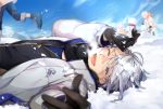  all_male blue_eyes blush gloves gray_hair hoshi_akari male short_hair snow touken_ranbu wink yamanbagiri_chougi 