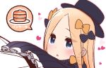  1girl :o abigail_williams_(fate/grand_order) bangs black_bow black_dress black_hat blonde_hair blue_eyes blush bow dress eyebrows_visible_through_hair fate/grand_order fate_(series) food forehead hair_bow hat heart long_hair long_sleeves orange_bow pancake parted_bangs parted_lips plate polka_dot polka_dot_bow simple_background sleeves_past_fingers sleeves_past_wrists solo spoken_food stack_of_pancakes translation_request unmoving_pattern upper_body white_background yoru_nai 