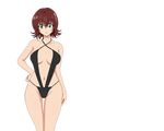  bangs bikini breasts brown_hair gluteal_fold green_eyes hand_on_hip highres large_breasts looking_at_viewer mikado_ryouko photoshop school_nurse short_hair simple_background solo swimsuit to_love-ru toloveru transparent_background 