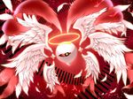  angel_wings banana_gyuunyuu bandaid epic feathers glaring halo highres kirby_(series) kirby_64 multiple_wings no_humans one-eyed red_eyes red_sclera seraph solo tail wings yellow_pupils zero_two_(kirby) 