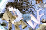  bear bed black_hair kamisama_no_memo_chou kishida_mel long_hair shionji_yuuko thighhighs 
