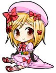  asahana_jun blonde_hair brown_eyes chibi hat lambdadelta lowres pink_hat red_eyes simple_background sitting smile solo striped striped_legwear umineko_no_naku_koro_ni 