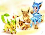  blue_hair blush closed_eyes eevee eyes_closed fang furrified furry nintendo open_mouth paws pokemon sitting skirt sweatdrop tail tashiro_yuu tetetor-oort transformation 