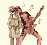  2boys crossover dc_comics deadpool fedora gloves guitar hands_in_pockets hat instrument jacket leaning marvel mask multiple_boys music rorschach thigh_strap trench_coat watchmen 