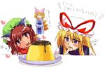  3girls animal_ears blonde_hair brown_eyes brown_hair cat_ears cat_tail cat_tails chen female hat head_tilt heart long_hair multiple_girls pudding purple_eyes ribbon saliva tail touhou yakumo_ran yakumo_yukari 