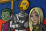  1girl 2boys beast_boy beast_boy_(dc) blonde_hair blue_eyes cartoon_network crossed_arms dc_comics deathstroke green_hair green_skin lowres mask multiple_boys pixiv_thumbnail sitting slade slade_wilson superhero teen_titans terra_(dc) 