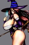  bare_shoulders breasts cleavage cretin curvy degemotowa313 detached_sleeves dragon&#039;s_crown dragon's_crown dress flame hat highres huge_breasts long_hair magic profile red_eyes red_hair simple_background solo sorceress sorceress_(dragon&#039;s_crown) sorceress_(dragon's_crown) staff standing strapless_dress tonchiki vanillaware weapon witch witch_hat 