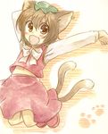  animal_ears brown_eyes brown_hair cat_ears cat_tail chen fang female hat kamoi_hayato loli multiple_tails navel open_mouth solo tail touhou 