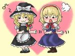  2girls :3 alice_margatroid blonde_hair dance dancing danjo female hairband hat kirisame_marisa lowres multiple_girls ribbon touhou witch 