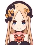  1girl abigail_williams_(fate/grand_order) bangs black_bow black_hat blonde_hair blue_eyes blush bow closed_mouth collarbone eyebrows_visible_through_hair eyes_visible_through_hair fate/grand_order fate_(series) hair_bow hands_up hat holding holding_stuffed_animal long_hair long_sleeves orange_bow parted_bangs simple_background sleeves_past_fingers sleeves_past_wrists smile solo stuffed_animal stuffed_toy teddy_bear upper_body white_background yoru_nai 
