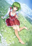  arm_support bad_id bad_pixiv_id bare_legs barefoot breasts cleavage day dress_shirt feet flower full_body green_hair highres kazami_yuuka meadow medium_breasts outdoors pico_(picollector79) plaid plaid_skirt plaid_vest red_eyes shirt short_hair sitting skirt sky smile solo touhou vest wreath 