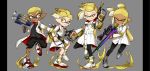  1girl 3boys black_pants black_shirt black_shorts blonde_hair boots clash_blaster_(splatoon) coat commentary_request cross-laced_footwear dark_skin domino_mask earrings emperor_(splatoon) fangs grey_footwear half-closed_eyes holding holding_weapon ink_tank_(splatoon) inkling jacket jewelry leg_up leggings long_sleeves looking_at_another looking_at_viewer mask multiple_boys n-pacer_(splatoon) open_clothes open_coat open_mouth paint_splatter pants pillarboxed pointy_ears prince_(splatoon) scope shirt shoes short_hair shorts simple_background smile smirk sneakers splat_charger_(splatoon) splat_dualies_(splatoon) splatoon splatoon_(manga) splatoon_(series) squidkid_jr. standing standing_on_one_leg uniform v-shaped_eyebrows weapon white_coat white_footwear yellow_jacket yeneny 