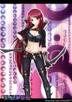  absurdres belt boots breasts cheng cleavage dual_wielding earrings gloves green_eyes highres holding jewelry katarina_du_couteau knife kunai league_of_legends long_hair medium_breasts midriff red_hair scar smile spikes tattoo very_long_hair weapon 