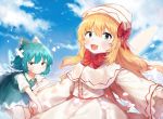  2girls :d blonde_hair blue_dress blue_eyes blue_hair blue_sky blush bow bowtie bruise bruise_on_face capelet cirno cloud crossed_bandaids day dress folded_leg frown hair_between_eyes hair_bow hat highres injury lily_white long_hair looking_at_viewer multiple_girls open_mouth outdoors outstretched_arms petals pinafore_dress red_bow red_neckwear red_ribbon ribbon shirt short_hair short_sleeves sky sleeves_past_wrists smile spread_arms touhou upper_body useq1067 very_long_hair white_capelet white_dress white_shirt wings 