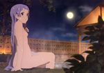  blue_hair breasts female kannagi long_hair moon nagi night nipples nude nude_filter onsen photoshop sitting solo undressing water wet 