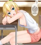  1girl :o ? areolae arm_support bangs bare_arms bare_shoulders blonde_hair blue_eyes blush boyshorts breasts chair commentary_request desk downblouse feet_out_of_frame from_side hair_ornament hair_scrunchie hard_translated head_rest indoors kneehighs leaning_forward looking_at_viewer looking_to_the_side medium_breasts motion_blur motion_lines nipple_slip nipples no_bra on_chair original pink_shorts school_chair school_desk scrunchie short_hair short_twintails shorts sitting solo speech_bubble taguchi_takahiro tank_top thighs tied_hair translated twintails v-shaped_eyebrows white_legwear 