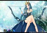  arrow ashe_(league_of_legends) barefoot blue_eyes blue_hair blush bow_(weapon) breasts cheng cleavage crossed_legs crown dress highres league_of_legends long_hair medium_breasts queen_ashe sitting smile solo very_long_hair weapon 
