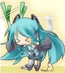  &gt;_&lt; cat cats chibi excited eyes_closed green_hair hatsune_miku headphones jpeg_artifacts longcat lowres microphone necktie negi solo spring_onion twintails vocaloid 