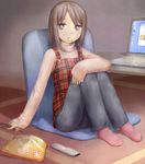  brown_eyes brown_hair chopsticks computer controller dreamrabbit eating food footwear laptop looking_at_viewer mouth_hold os os-tan potato_chips remote remote_control screen socks solo windows yuyuzuki_(yume_usagi) 