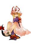  1girl artist_request barefoot blonde_hair breasts censored clothed_sex cum cum_on_lower_body feet foot footjob penis simple_background small_breasts source_request touhou white_background yakumo_yukari 